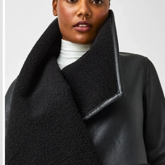 NWT Spanx Fleece Faux Leather Long Wrap Jacket Black Small Women